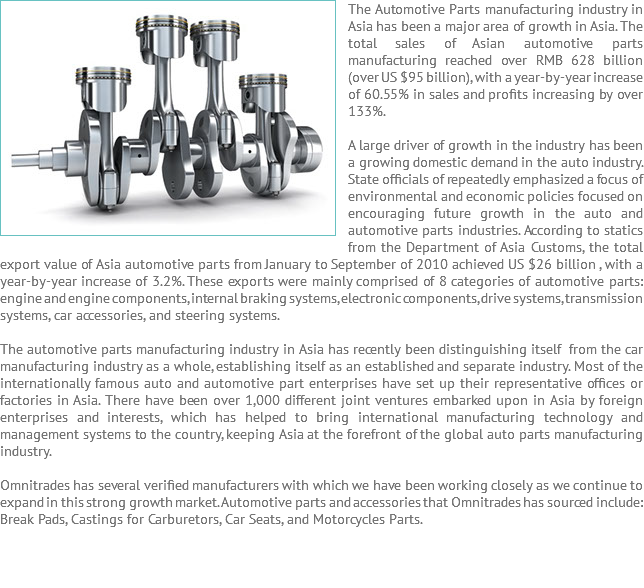 The Automotive ﷯Parts manufacturing industry in Asia has been a major area of growth in Asia. The total sales of Asian automotive parts manufacturing reached over RMB 628 billion (over US $95 billion), with a year-by-year increase of 60.55% in sales and profits increasing by over 133%. A large driver of growth in the industry has been a growing domestic demand in the auto industry. State officials of repeatedly emphasized a focus of environmental and economic policies focused on encouraging future growth in the auto and automotive parts industries. According to statics from the Department of Asia Customs, the total export value of Asia automotive parts from January to September of 2010 achieved US $26 billion , with a year-by-year increase of 3.2%. These exports were mainly comprised of 8 categories of automotive parts: engine and engine components, internal braking systems, electronic components, drive systems, transmission systems, car accessories, and steering systems. The automotive parts manufacturing industry in Asia has recently been distinguishing itself from the car manufacturing industry as a whole, establishing itself as an established and separate industry. Most of the internationally famous auto and automotive part enterprises have set up their representative offices or factories in Asia. There have been over 1,000 different joint ventures embarked upon in Asia by foreign enterprises and interests, which has helped to bring international manufacturing technology and management systems to the country, keeping Asia at the forefront of the global auto parts manufacturing industry. Omnitrades has several verified manufacturers with which we have been working closely as we continue to expand in this strong growth market. Automotive parts and accessories that Omnitrades has sourced include: Break Pads, Castings for Carburetors, Car Seats, and Motorcycles Parts. 